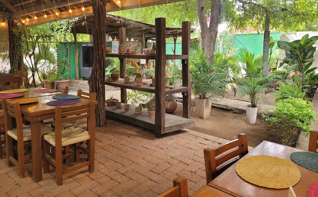 mesas bajo la palapa principal y jardín exterior